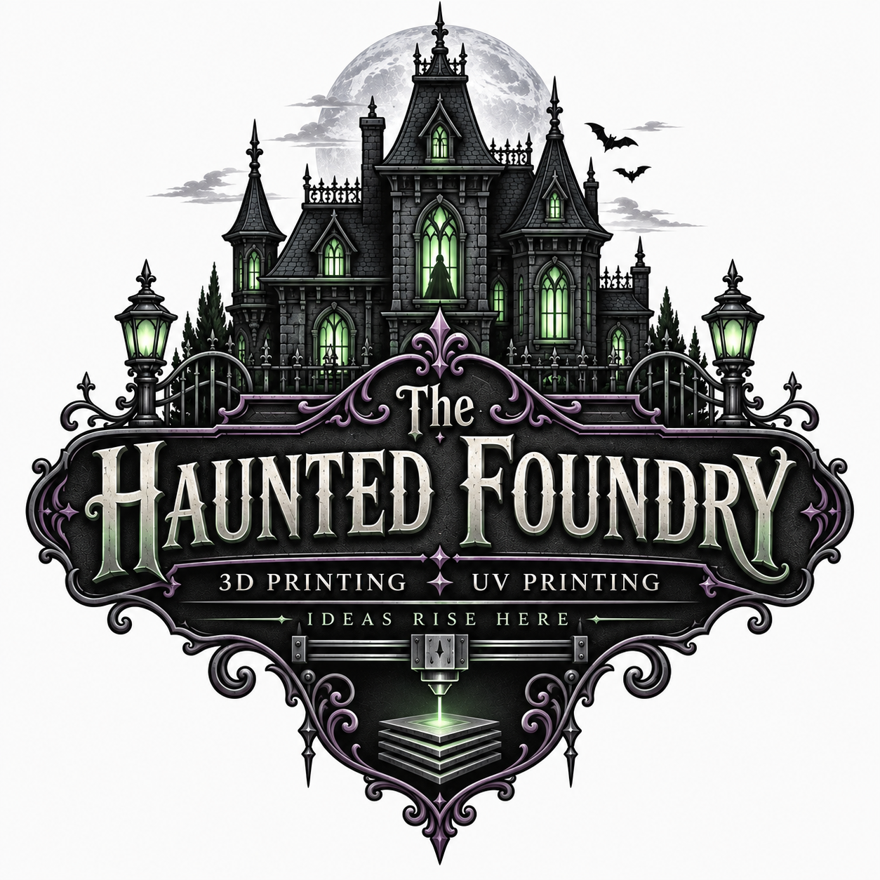 The Haunted Foundry logo featuring a gothic mansion and ornate sign